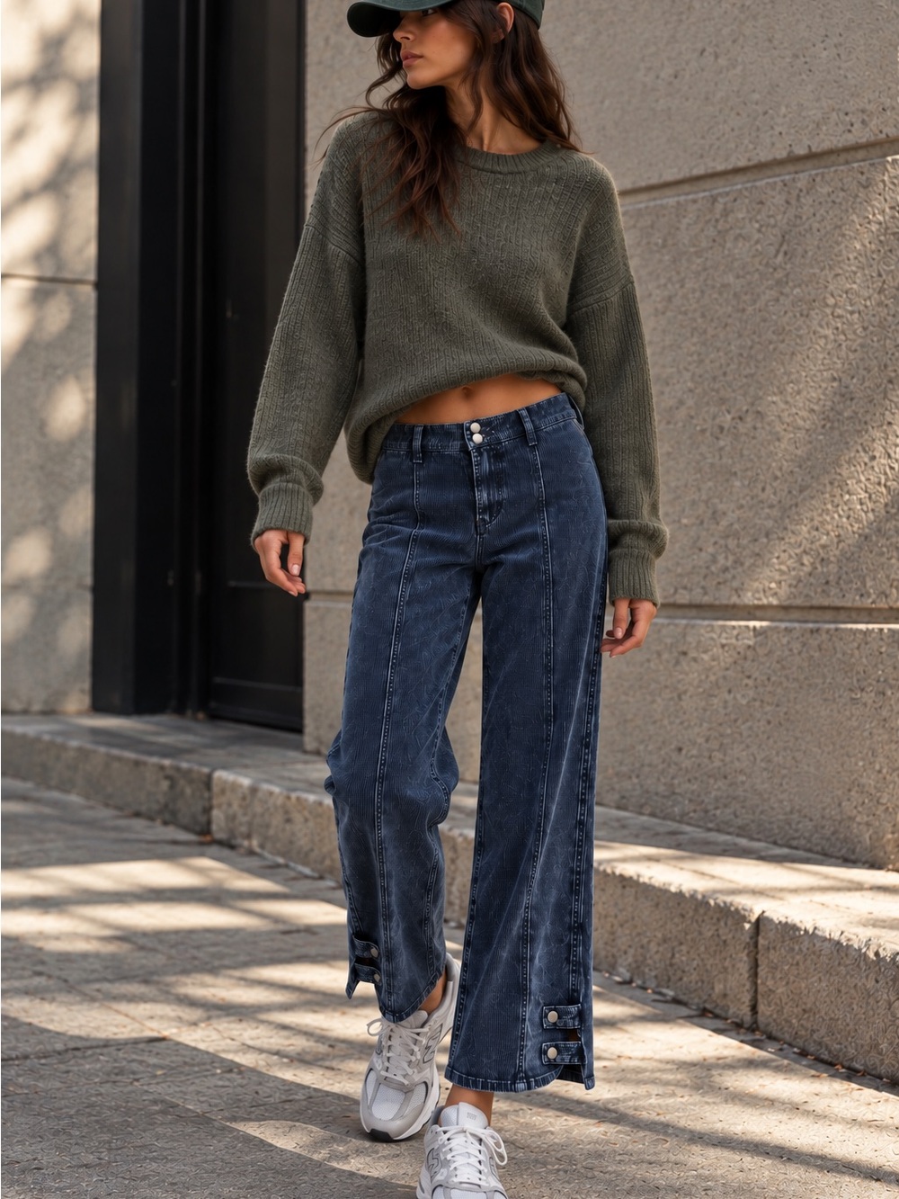 Low-Rise Wide Leg Button-Hem Women's Jeans - Dark Blue